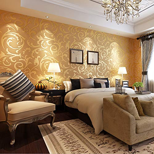 Q QIHANG Modern Simple 3D European Style Vetch Leaf Fabric Non-Woven Living Room TV Background Non-Pasted Wallpaper 1.73' W x 32.8'L (Gold)