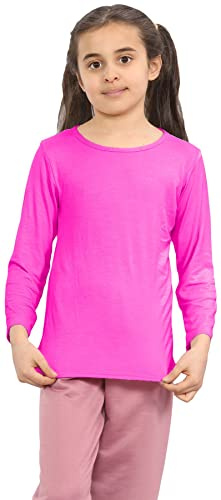 Hamishkane® Barn långärmad skola t-shirt, vanlig rund hals stretchiga flickor långärmade toppar, avslappnade och bekväma barn T-shirts - pojkar och flickor skoltröjor, Neon rosa, 5-6 År