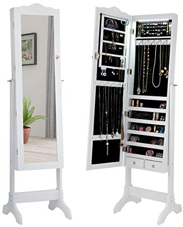 DREAMADE Schmuckschrank mit 14 LED Leuchten, abschließbares Schmuckregal mit Ganzkörperspiegel, freistehender Spiegelschrank mit verstellbarem Neigungswinkel, großer Stauraum (Weiß)