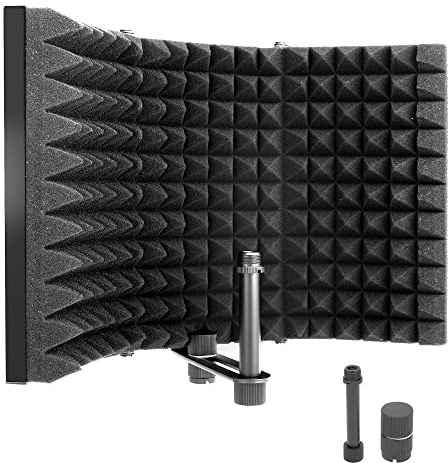 Pyle Microphone Isolation Shield- 3 Panel Noise Absorbing Record Booth Studio Acoustic Vocal Dampening Filter w/ 1.6Thick Foam, Adjustable Mic Depth, Removable Shock Mount, Universal ⅝ Threading