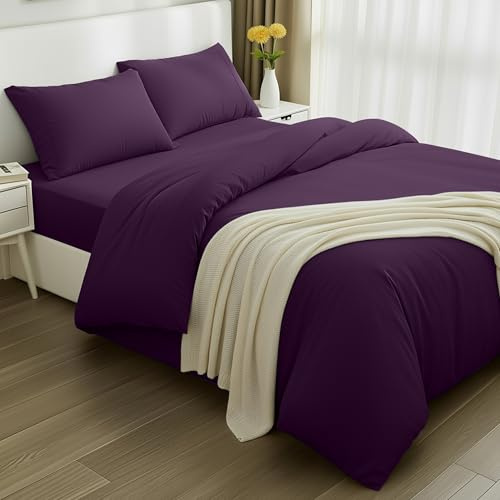 Utopia Bedding 4 Piece Sängkläder Set - Mjuk Borstad Microfiber Polyester - Påslakan (200x200cm), Spännlakan (135x190cm) med Kuddfodral (50x75cm), Lila | Påslakan, dra-på-lakan med 2 örngott 50 x 75 – OekoTex certifierad mjuk borstad mikrofiber