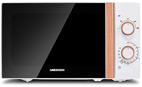 MEDION Mikrowelle (Holzoptik, Freistehend, 20 Liter, 700 Watt, Verspiegelte Tür, 5 Leistungsstufen, Auftaufunktion, Zeitschaltuhr, MD10596) weiß