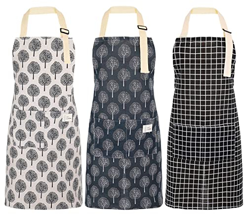 ALTcompluser 3 Stück Schürze Damen Verstellbar Küchenschürze Damen Set Baumwolle Leinen Kochschürze für Damen Herren Schürze mit 2 Taschen zum Kochen, Backen, Grill, Hausarbeit, Malen
