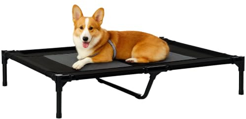PawHut Large Raised Dog Bed Outdoor Indoor Mesh Pet Cot Metal Frame Black | Cat Elevated Lifted Cooling Portable Camping Basket