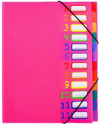 Erweiternde Dateiordner Projektmappe A4 Ordnungsmappe Pultordner 12 Fächer 24 Taschen Kunststoff Akkordeon Dokument Veranstalter bunte Dateiordner für Schule Bürobedarf (Rosarot)