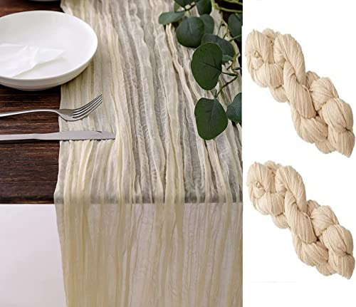 HaMoSena 2 Stück 90 x 400 cm, beige Seihtuch-Tischläufer, groß, rustikaler Gaze-Tischläufer, romantischer, halbtransparenter Stoff, Tischdecke für Boho, Hochzeit, Dorn, Dekoration, Brautdusche
