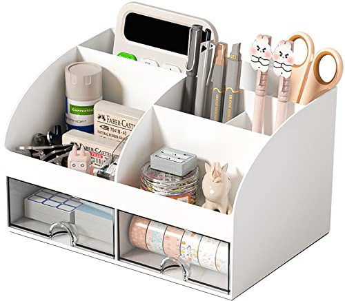 COMFYROOM Desk Organizer with 6 Compartments and 2 Drawers, Plastic Makeup Organizer, Pen Holder for Desktop Storage, Desk Organization for School, Home, Office Supplies (White)