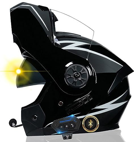 Bluetooth Motorrad Integrierter-Helm mit Doppelvisier, Adults Klapphelm mit Bluetooth, Motorradhelm Vollvisierhelm für Herren und Damen ECE Genehmigt Automatische Reaktion 55-62cm