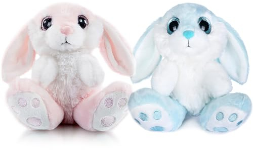 My OLi Osterhase Kuscheltiere 2 Stück Plüsch Hasen 18cm Floppy Ohren Sitzen Stofftier Hase für Kinder Babys Jungen Mädchen, Rosa & Blau