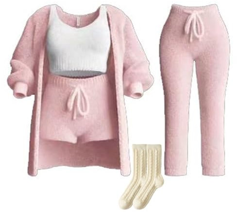 THUCHENYUC Strick-Set 4-teilig, Kuscheliges Strick-Set 3-teilig Warmes Fuzzy-Pyjama-Set Sexy Loungewear Für Frauen (Color : Pink, Size : XX-Large)
