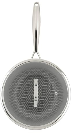 Sitram 715060 Wok en Acier Inoxydable Triply Ø 24 H 8,5 cm - Revêtement Nid d'Abeille Anti-Adhésif et Anti-rayures, sans PFOA - Couvercle Verre - Tous Feux dont Induction
