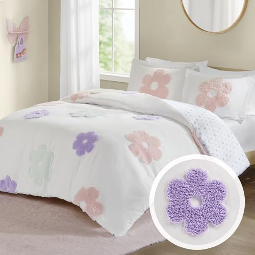 Intelligent Design Kids Full Duvet Cover Set for Girls, Tufted Chenille Floral Duvet Set Queen, Lightweight Polka Dot Reversible Bedding Cover, Gracie, Full/Queen White/Purple 4 Piece