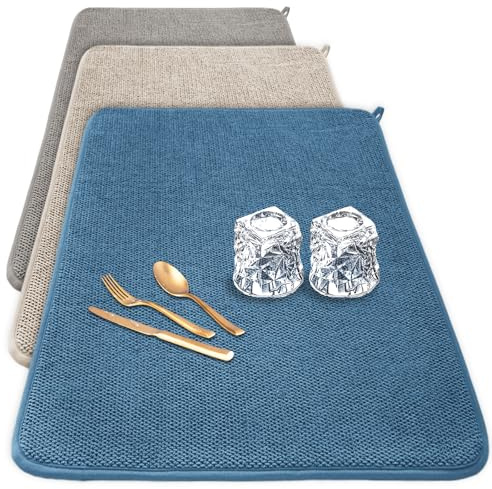3 Pack XXL Dish Drying Mats,24×17 Absorbent Microfiber Dishes Drainer Mats,Large Size Pads for Kitchen Counter,Coffee,Rack,Under Sink(Beige,Blue,Gray)