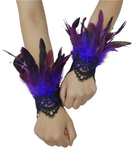 Uposao 1 Paar Damen Feder Schwarz Spitze Fingerlose Lange Handschuhe Steampunk Federmanschette Handschuhe Vintage Spitze Fingerlose Handschuhe Armkette für Hochzeit Halloween Maleficent Kostüm Party