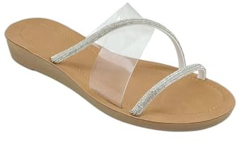 MODELISA - Sandalia Pala Plana Destanolada Brillo Transparente De Vinilo Casual Mujer (Blanco, 39)