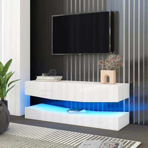 Moderne TV-Halterung, Wandkonsole mit LED-Beleuchtung, ideal für die Heimunterhaltung im Wohnzimmer, 120 x 40 x 30 cm (Farbe: Weiß)