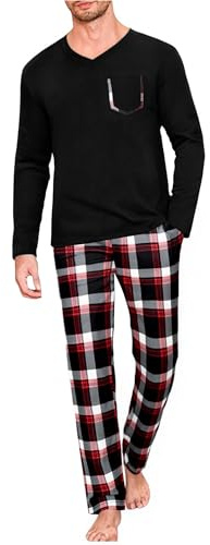 Uniexcosm Pyjama Homme Hiver Coton Ensemble de Pyjama à Carreaux Vêtements de Nuit à Manches Longues Ensemble Pyjama Homme à Carreaux
