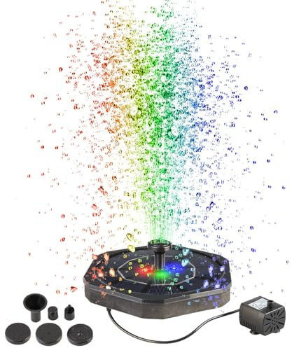 Royal Gardineer Fontaine Solaire LED 2W 4 LEDs RGB 1200mAh avec 5 Buses pour Bassin de Jardin avec Batterie