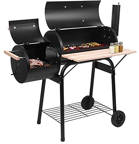 Parrilla para Barbacoa, Horno de carbón con Tambor de Aceite (500-600 Grados), Parrilla de carbón y ahumador descentrado, Horno de Barbacoa portátil de Acero para Patio Trasero con Ruedas, Cocina de