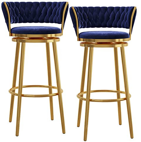 Moderne Barhocker aus Samt, 2er-Set, blau, 75 cm, Thekenhöhe, drehbar, Barstühle mit Rückenlehne und goldfarbener Fußstütze, stilvolle Küchenthekenhocker
