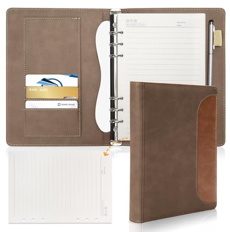 A5 Binder Notizbuch Ordner, PU Leder Notizbuch mit 100 Blätter Streifen Papier, 6 Ringe A5 Binder mit 4 Karten Taschen, Cover Color Blocking Business Notebook für Büro, Schüler Übungsbuch (Khaki)