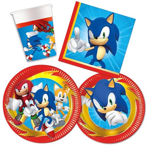 Decoraparty Set Stoviglie da Tavola per 8 Persone, Addobbi Decorazioni per Festa Compleanno, 8 Piatti Grandi, 8 Piatti Piccoli, 20 Tovaglioli, 8 Bicchieri, The Hedgehog, Blue Blur (44 pz)