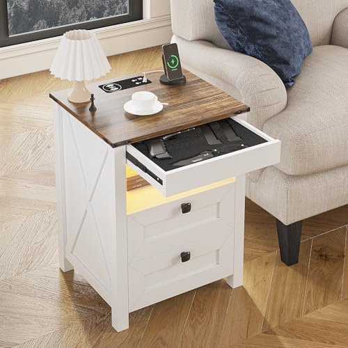 FREDEES LED Bedside Table with Hidden Drawer, Nightstand with Charging Station for Bedroom Furniture, Farmhouse End Side Table with 3 Colors Lights, Smart Human Sensor Design, White