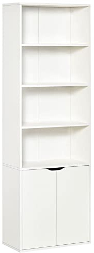 HOMCOM 6-stöckiger Bücherschrank, 2-Tür-Schrank, 59x29x180cm, Weiß | Bücherregal, 4 offene Regalböden, freistehendes Display-Regal, Wohnzimmer Schlafzimmer Home-Office Arbeitszimmer