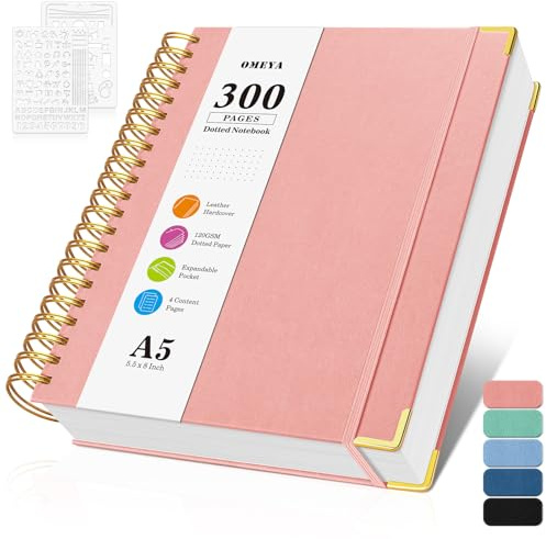 A5 Notebook, Bullet Dotted Journal Notebooks, 300 Pages Leather Note Book, 120 GSM Thick No Bleed Through Paper Journals, Small Dot Grid Notebook for Women Men School Office Writing, 14 x 21cm, Pink