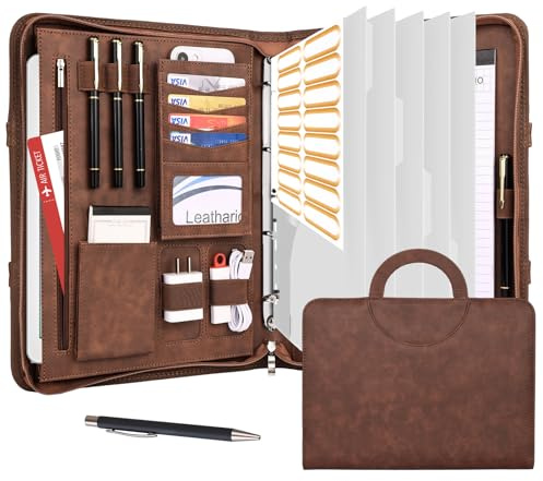 Leathario Schreibmappe A4 mit 5er Register DIN A4，Konferenzmappe mit 4 Ringbuch，Dokumentenmappe mit Reißverschluss，Griff，Klemmbrett,Ordner für Meeting, Business,Mappe für Schule, Uni Braun