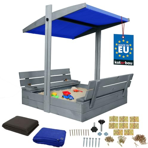 KOTARBAU® Sandkasten mit Dach 100 x 100 cm, Sandkiste aus Holz, Grau | Sandkasten mit Abdeckung & Sitzbänken, Gartenspielzeug für Kinder, Sandkasten mit Deckel & Sonnenschutz in Blau, Imprägniert