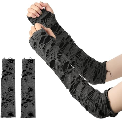 Wkjeneare Schwarze Punk Spinnennetz handschuhe,Zerrissene Armstulpen Handschuhe mit Löchern,für Halloween,Karneval Thema Party,kurze Version