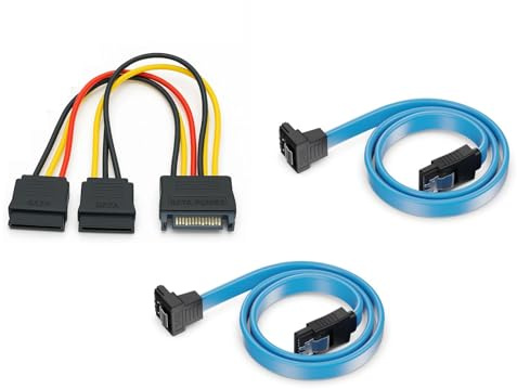 ISTARCOMPUTER Kit 3 Cables SATA III 6Gb/s - 2×50cm Datos (recto + acodado) + 1×Y Alim SATA 15p (1 macho →2 hembra) - Para SSD 2.5/HDD 3.5 PC, NAS, Upgrade
