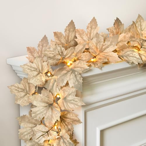 Fall Decor - 2 Pack Fall Garlands - 8.2Ft Fall Maple Leaf Lighted Garlands for Mantle, Fireplace, Porch, Table, Farmhouse Harvest Indoor Outdoor Autumn Home Decorations (Battery not Included)