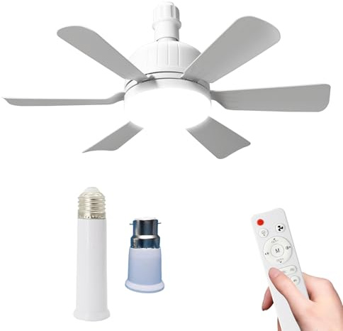 Kouamor 46cm Ceiling Fan Light Bulb Bayonet Fitting, Ceilings Fans with Light & Remote Control, Ceiling Fans Lights Dimmable, E27 Ceilings Lamp with 6 Blade, 3 Speed Timing (B22-white+Extension rods)