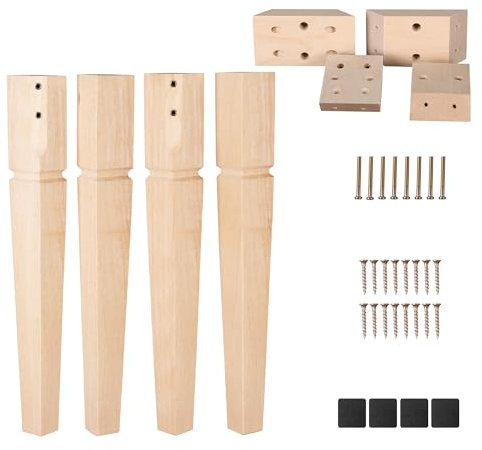 Texphw 30 Inch Square Unfinished Oak Furniture Legs - Heavy Duty Mid Century Tall Wooden Legs Set of 4 for Tables, Bench, Ottomans (Natural)