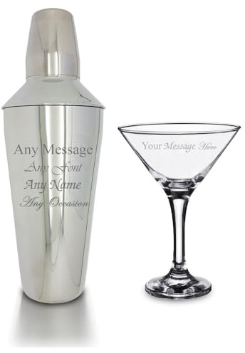 Personalised Engraved Cocktail Shaker with Strainer and Martini Glass | Cocktail Gift Set, Birthday Gifts for Her, Custom Barware