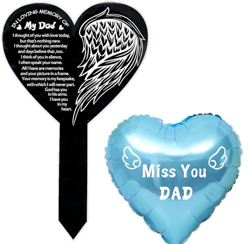 Memorial Heart Garden Stake and Balloon Set, Dad Remembrance Gift, 45.72 cm Black Metal Heart with Poem, Blue Memorial Balloon