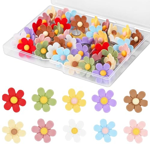 Vbxvsa 30 Stücke Blumen Reißnägel, Bunte 3D Blüten Pinnwand Pins für Korkwand, Kinderzimmer, Büro, Notizen Fotos Dekoration, Lustige Stecknadeln aus Kunstharz