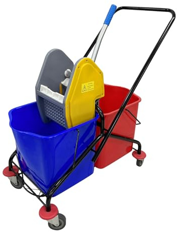 Carrello per mocio a doppio secchio con strizzatore, 50 l, con ruote, mocio rotante e secchio, set per hotel, uffici, case, rosso e blu (22 litri x 2)