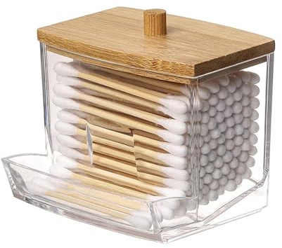 ZXNJA Organizador de varillas de algodón acrílico, dispensador de bastoncillos de algodón, contenedores, bastoncillos de algodón, almacenamiento con tapa de bambú, para dormitorio, baño, lavabo