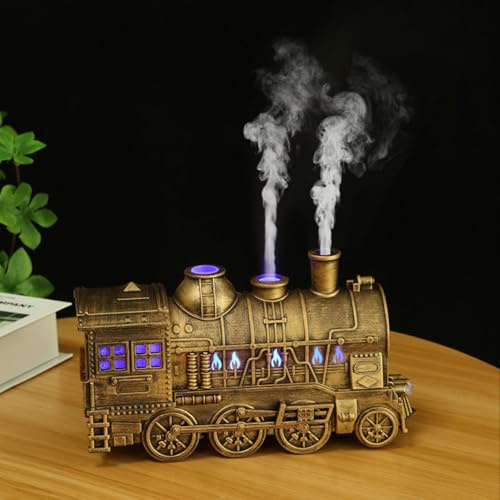 Chiyyak Train Humidifier, Cool Dual Mist Outlets 300ML Essential Oil Diffuser Quiet Aromatherapy Diffuser Vintage Steam Train Diffuser with LED Light for Bedroom Desk