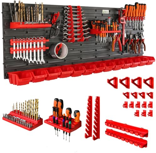 botle® Werkzeugwand Lochwand aus Kunststoff, Stapelboxen + Wandregal + Werkzeughalter 38-teiliges Set, Kleinteilelager 116 x 39 cm, Wandwerkstatt mit 13 stapelbaren Behältern, Hängeregal Sortierregal