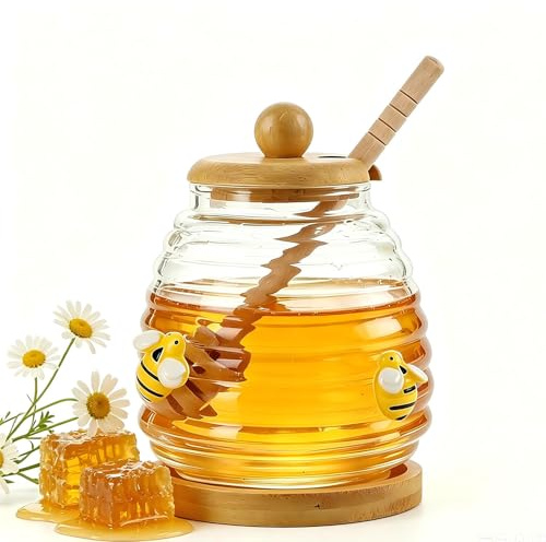TOPSIDA 500ML Honigspender, Honigglas mit Honiglöffel Holz und Untersetzer,Honey Dispenser Rundgläser Bienen Honig Honey Dispenser Sirupbehälter Glas für Kaffee Oder Tee Küche Hause