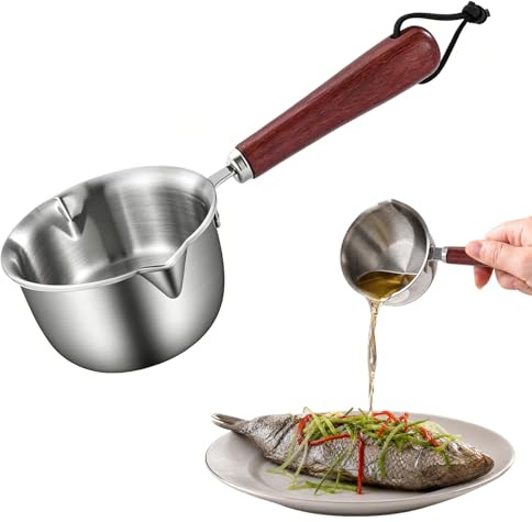 Milk Pan, Small Stainless Steel Saucepan with Wooden Handle and Dual Pour Spouts, Butter Warmer Pot for Heating Milk, Coffee, Tea, and Melting Chocolate (300ml)