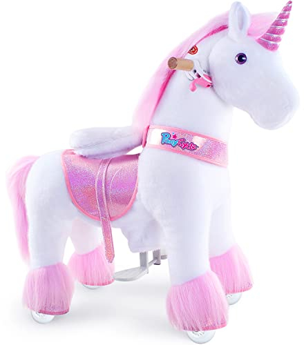 PonyCycle Einhorn zum Reiten, für Kinder 3–4 Jahre, 76cm Hoch, Einhorn auf Rollen mit Handbremse und Klang, Einhorn Reitspielzeug, Rosa Plüsch Reitpferd, Klassisches Modell U - Ux302