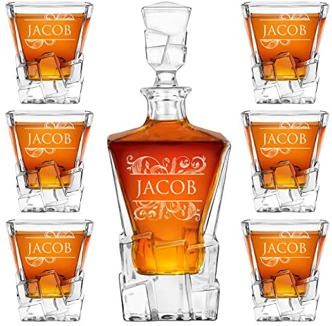 Maverton Personalised Whiskey Decanter and 6 Glasses for Man - Elegant Whisky Set for him - Ice Cubes Model - Stylish barware for Birthday - for Whisky connoisseurs - Ornament