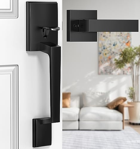 Brightify Black Front Door Handle, Modern Exterior Door Handle with Passage Lever, Front Entry Door Handle No Lock, Reversible for Left & Right Hand Door, Lower Half Grip