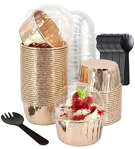 5oz Baking Cups with Lids 50 Pack,LNYZQUS Foil Cupcake Liners Muffin Tins,Disposable Ramekins Pans Muffin Cups Jumbo Cupcake Wrappers Holders for Wedding Party-Champagne