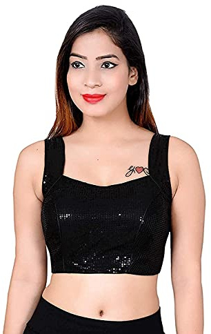 Indian Hawker Party Wear's Women Bollywood Blouse Readymade Sleeveless Blouse With Sequence Work With New Look Latkan (Black 34)
